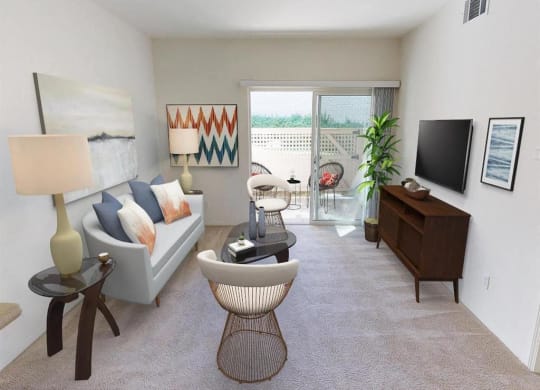 Apartments for Rent in Orcutt, CA- Knollwood Meadows- Glass Sliding Door Leading to Patio with Wall-to-Wall Carpet and Glass Coffee Table