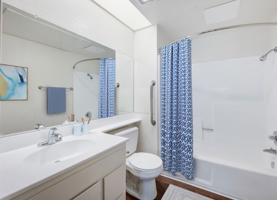 a bathroom with a white sink and tub and a white toilet with a blue shower curtain