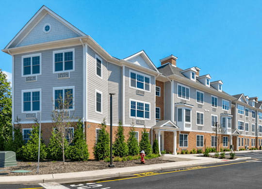 A row of townhouses with a clear blue sky above.