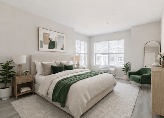 A bedroom with a large bed and a green chair.