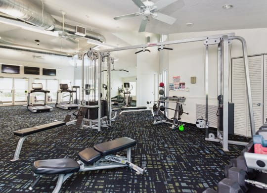 a gym with cardio equipment on the floor and a ceiling fan at The Villages of Banyan Grove, Boynton Beach, FL
