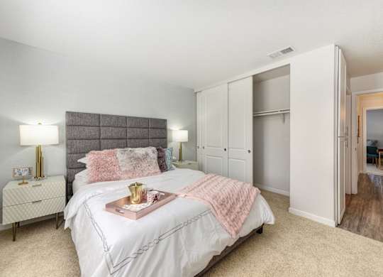 Bedroom with Hallway at The Legacy Apartments, California