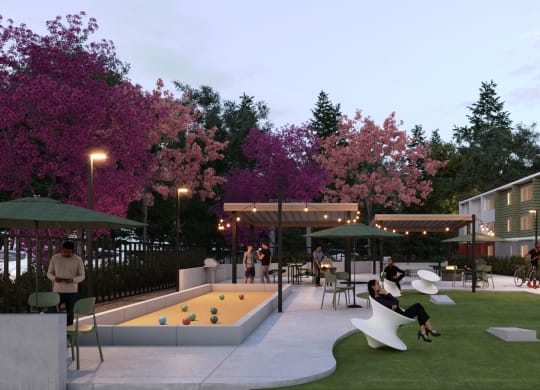 a rendering of a courtyard with a jacuzzi and tables and chairs  at Track 281 Apartments, Sacramento, CA, 95811