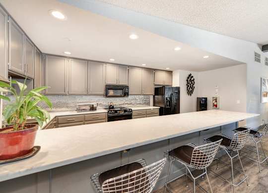 Clubhouse Kitchen with Bar Seating, White Counter, Cabinets and Refrigerator at The Renaissance Apartments, California, 95610