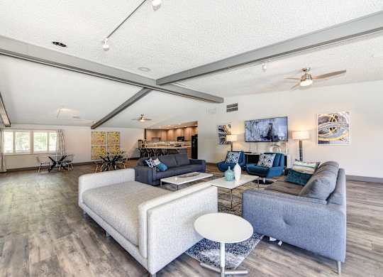 Clubhouse Sitting Area with Hardwood Inspired Floor, Gray Sofa, Rug and Ceiling Fan/Light at The Renaissance Apartments, Citrus Heights California