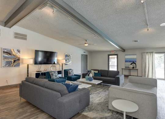 Community Clubhouse Lounge Area with Harwood inspired flooring through out with gray couches and Flat Screen Television at The Renaissance Apartments, Citrus Heights, CA 95610