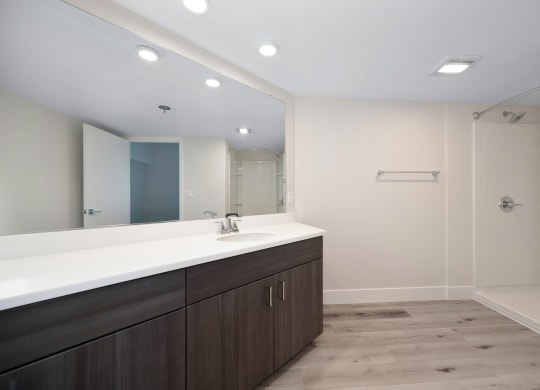 a bathroom with a large mirror and a sink and a shower  at Track 281 Apartments, Sacramento, CA