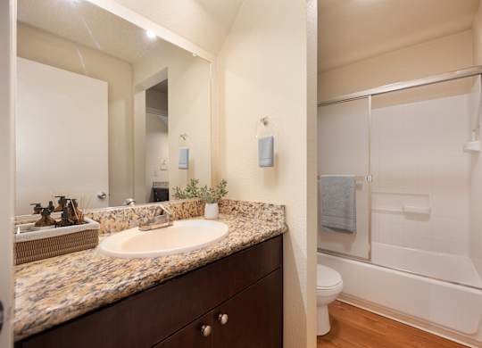 Bathroom with sink and shower with sliding shower doors at Fountains of Fair Oaks, California