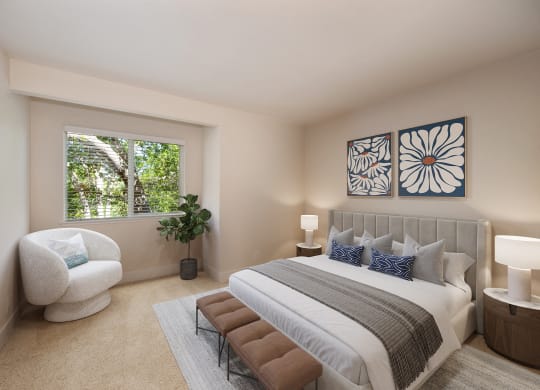 a bedroom with a bed and a chair and a window at Folsom Ranch, Folsom, CA