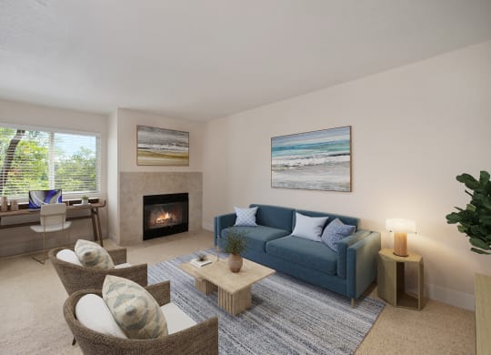 a living room with a couch and chairs and a fireplace at Folsom Ranch, Folsom, California
