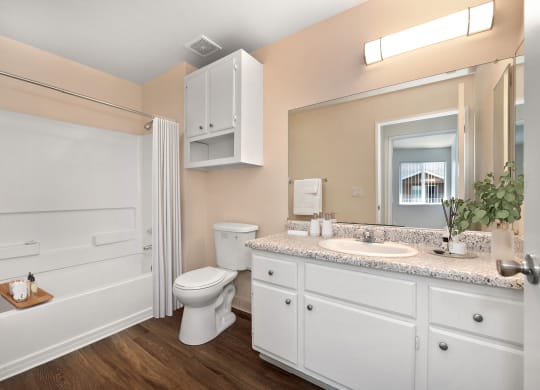 a bathroom with white cabinets and a toilet and a sink