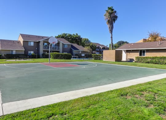 a basketball court in a neighborhood with houses