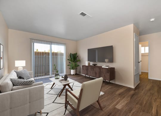 Hastings Park Model home living room with hardwood inspired flooring through out 