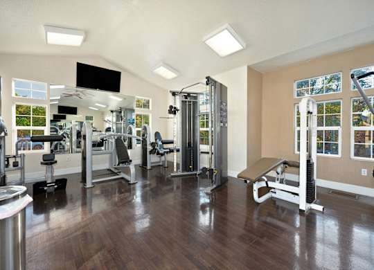 a gym with weights machines and a TV at Hidden Oaks Apartments, Citrus Heights, CA