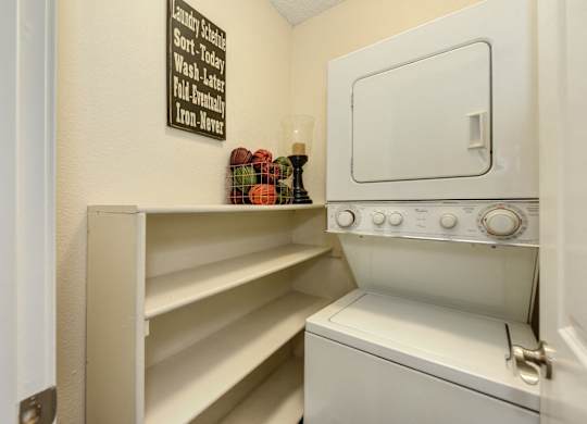 In Unit Washer and Dryer with shelves at Hidden Oaks Apartments, Citrus Heights, CA, 95621