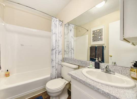 Bathroom with Hardwood Inspired Floor, Toilet, Bathtub and Sink at The Renaissance Apartments, California, 95610