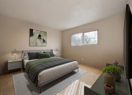 A bedroom with a bed, nightstand, and a painting on the wall.