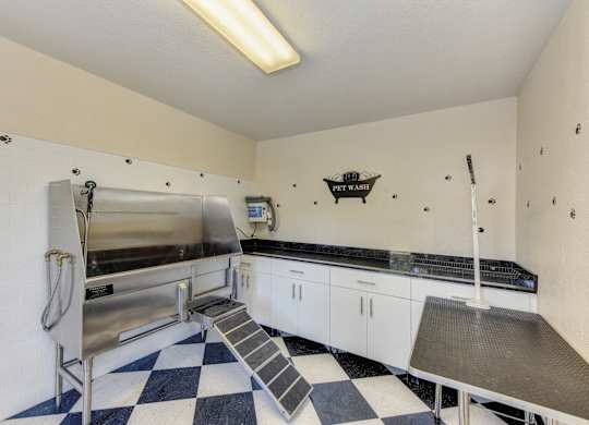 Pet Spa with dog Grooming Station with sink, Checker Patter Floor,and Table at Hidden Oaks Apartments, Citrus Heights, 95621