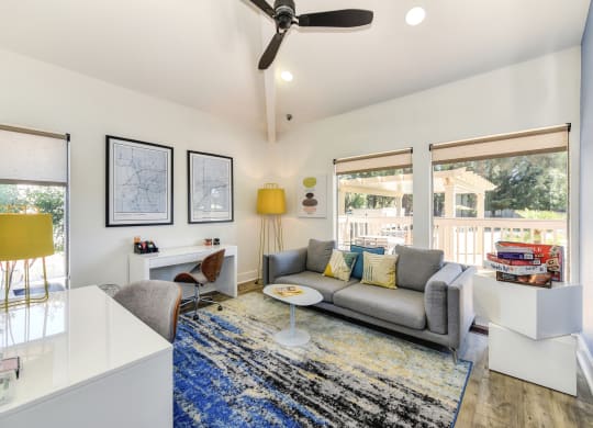 a living room with a gray couch and a blue rug at Renaissance Park Apartments, Davis, CA
