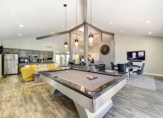 a resident clubhouse with a pool table and a flat screen tv at Renaissance Park Apartments, Davis ,36305