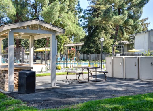 Community BBQ area with a picnic table and a trash can at Renaissance Park Apartments, Davis ,36305