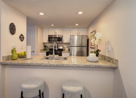 Kitchen Bar Seating with White Bar Stools, Granite Countertop, Sink, Refrigerator and Microwave at Rocklin Manor  Apartments, Rocklin  , California