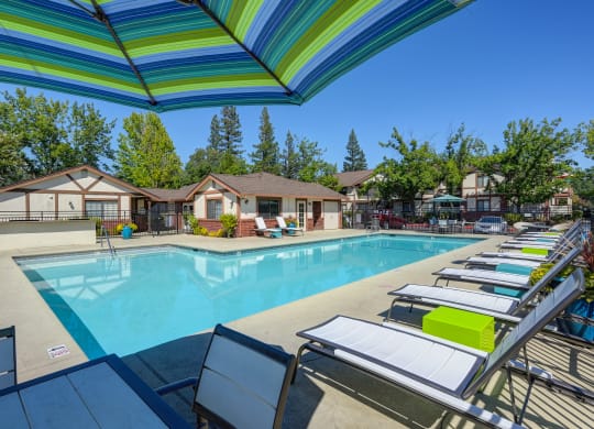 take a dip in our resort style swimming pool with lounge chairs and umbrellas at Rocklin Manor  Apartments, Rocklin  ,California, 95677