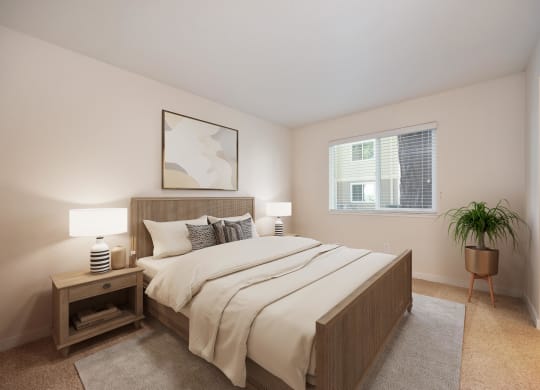 Bedroom With Expansive Windows at Rush River Apartments, California