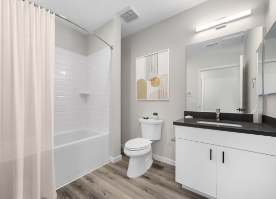 A bathroom with a toilet sink and bathtub in a D floor plan