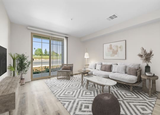a living room with a white couch and a large rug