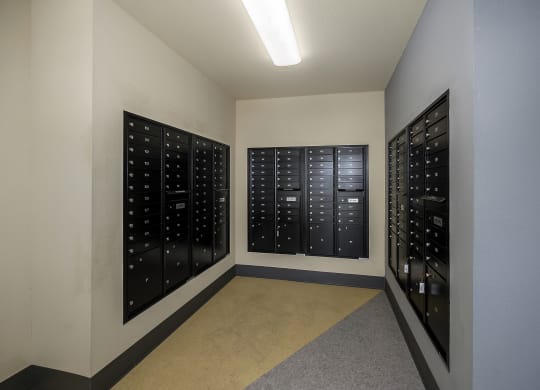 Mail and package room with black wall lockers at Silverstone Apartments, California