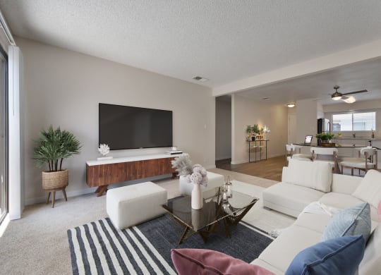 a living room with a white couch and a television at Silverstone Apartments, Davis