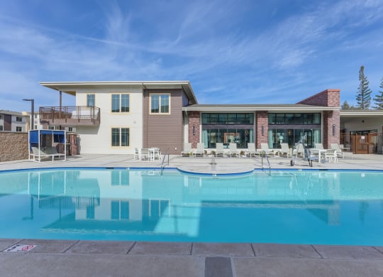 Pool View at Sierra Gateway Apartments in the afternoon with blue skies