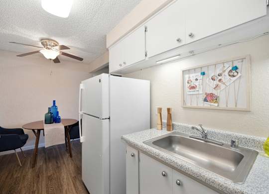 a kitchen with a sink and a refrigerator and a ceiling fan