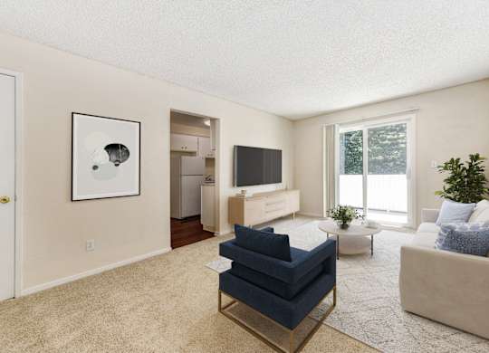A living room with a blue sofa and a television.