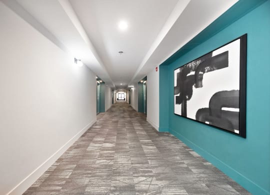 a hallway with white walls and a blue accent wall and a picture on the wall  at Track 281 Apartments, Sacramento, CA, 95811