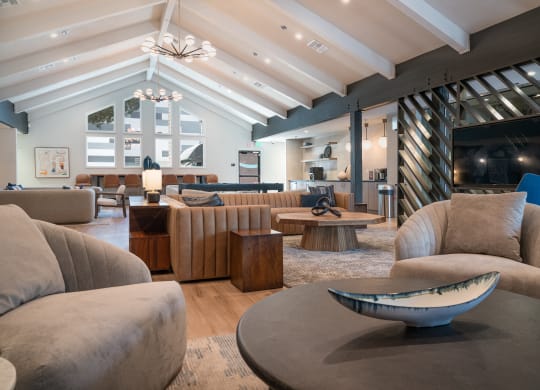 a living room with couches and chairs and a fireplace