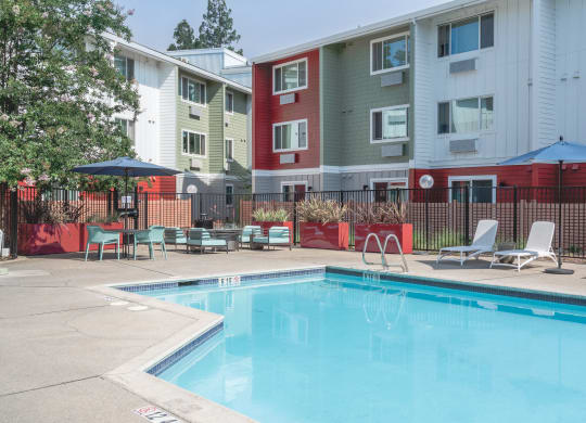 our apartments have a swimming pool with chairs and umbrellas