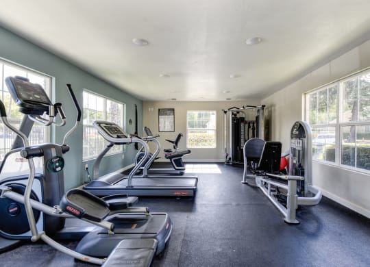 Fitness center with treadmill, cardio machines, free weights at Vineyard Terrace Apartments, Napa, CA