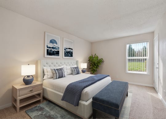 the preserve at ballantyne commons bedroom with bed and window at Vineyard Terrace Apartments, California