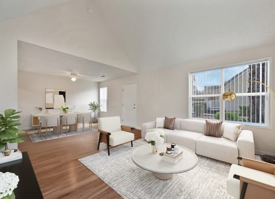 a living room with a white couch and a table at Vineyard Terrace Apartments, Napa, CA, 94558