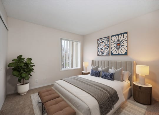 the preserve at ballantyne commons bedroom with large bed and window at Vineyard Terrace Apartments, California, 94558
