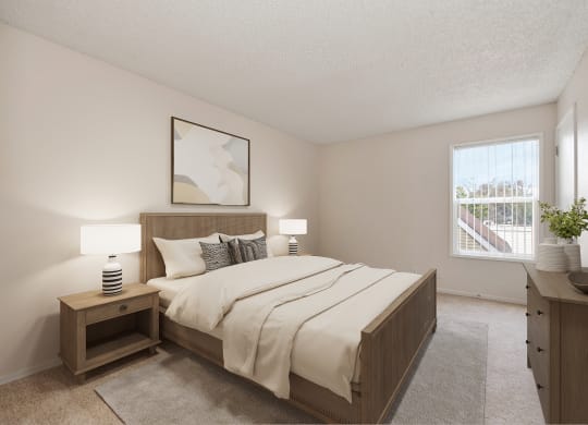 a bedroom with a large bed and a window at Vineyard Terrace Apartments, Napa, CA, 94558