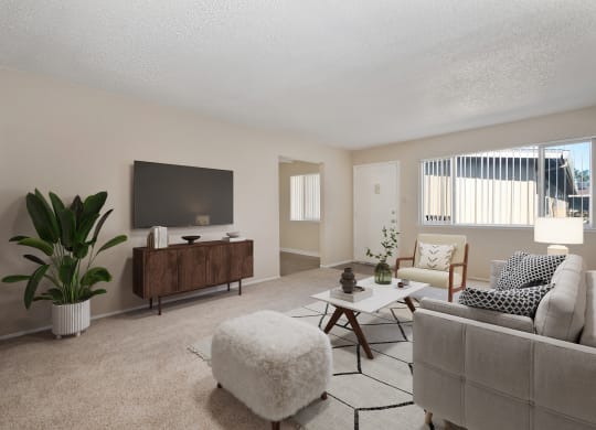 a living room with a couch and a chair and a television