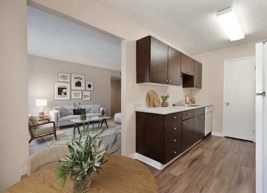 our apartments offer a kitchen and living room with a table
