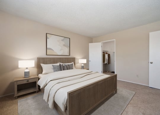 a bedroom with a bed and a closet