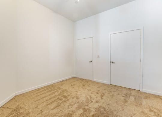 a bedroom with white walls and carpet and two doors