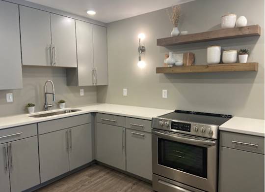 Clubhouse Kitchen Interior at Woodland Springs Apartment Homes, Indiana