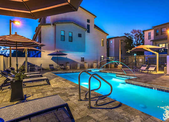 Pool View In Night at Dolce Villagio Townhomes, Tempe, AZ