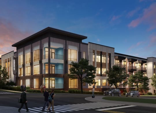 a rendering of a building with people crossing a street in front of it at Link Apartments® Broad Ave, Tennessee